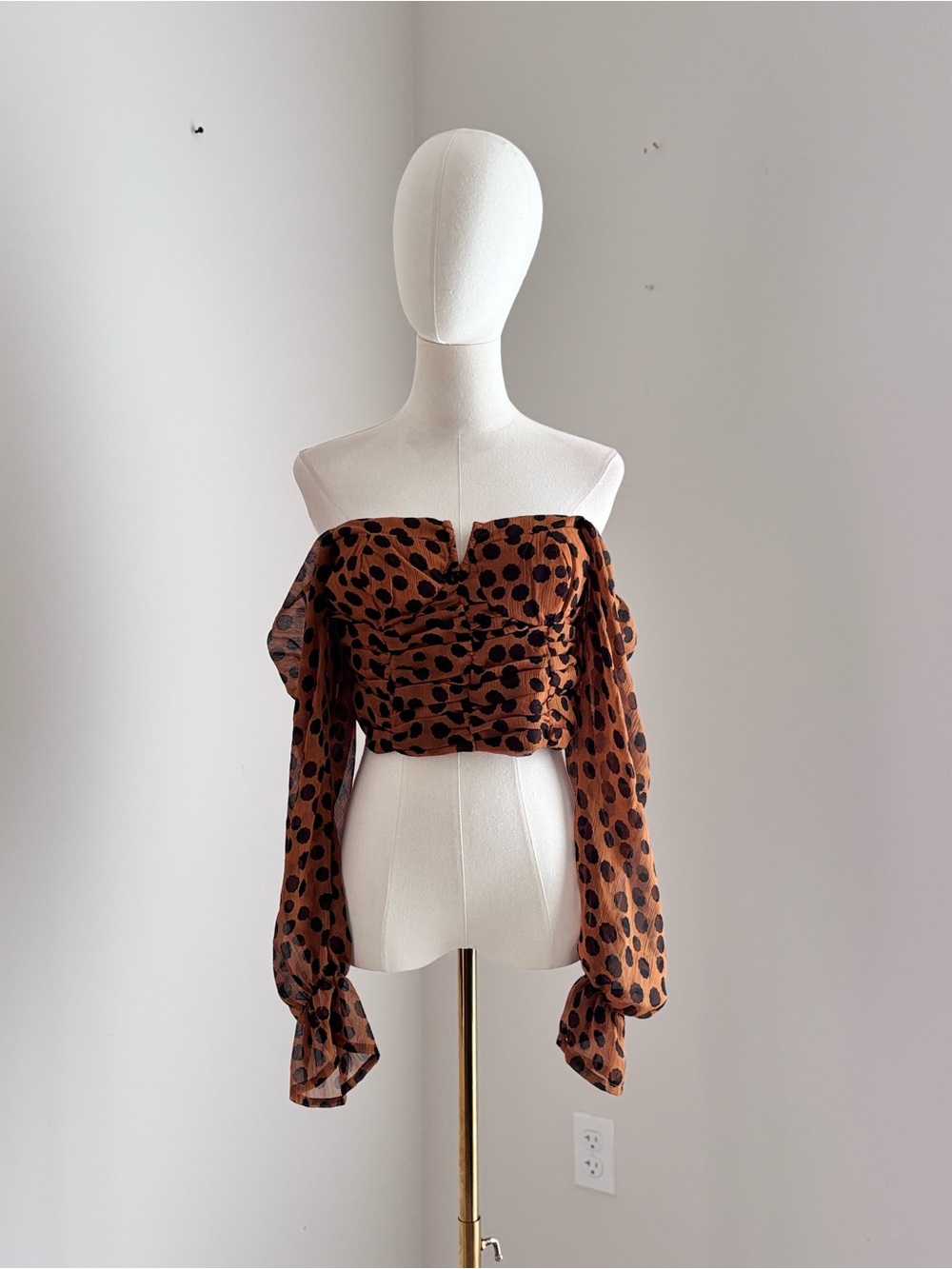 Free People Tan Black Polka Dot Ruched Off-The-Shoulder Crop Top Long Sleeve XS